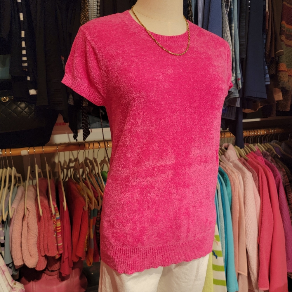 TAYLOR MARCO ♡ Gorgeous Bright Pink Soft Chenille Short Sleeve Knit Sweater S